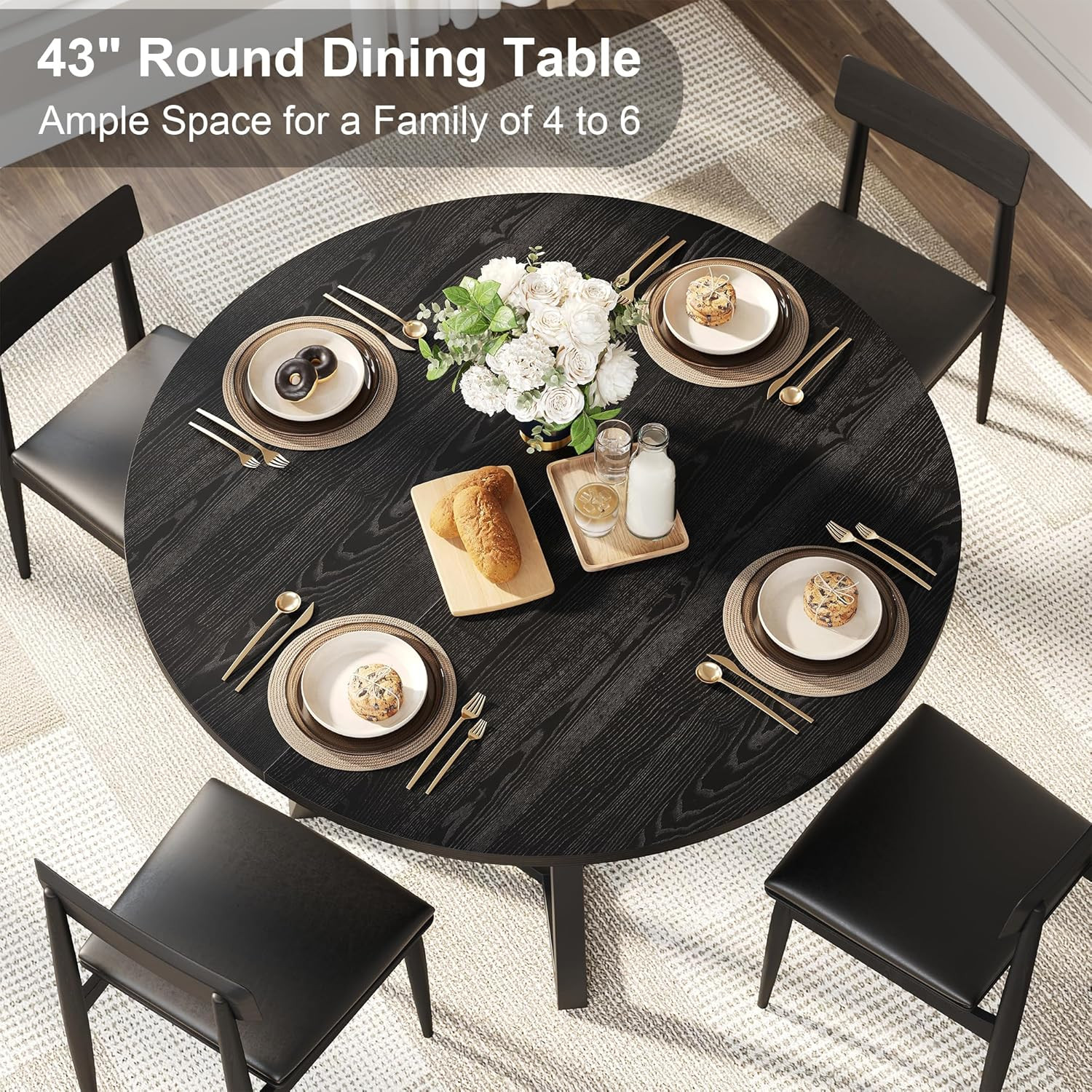 43" Round Dining Table for 4 - Space-Saving Black Wood & Metal Design