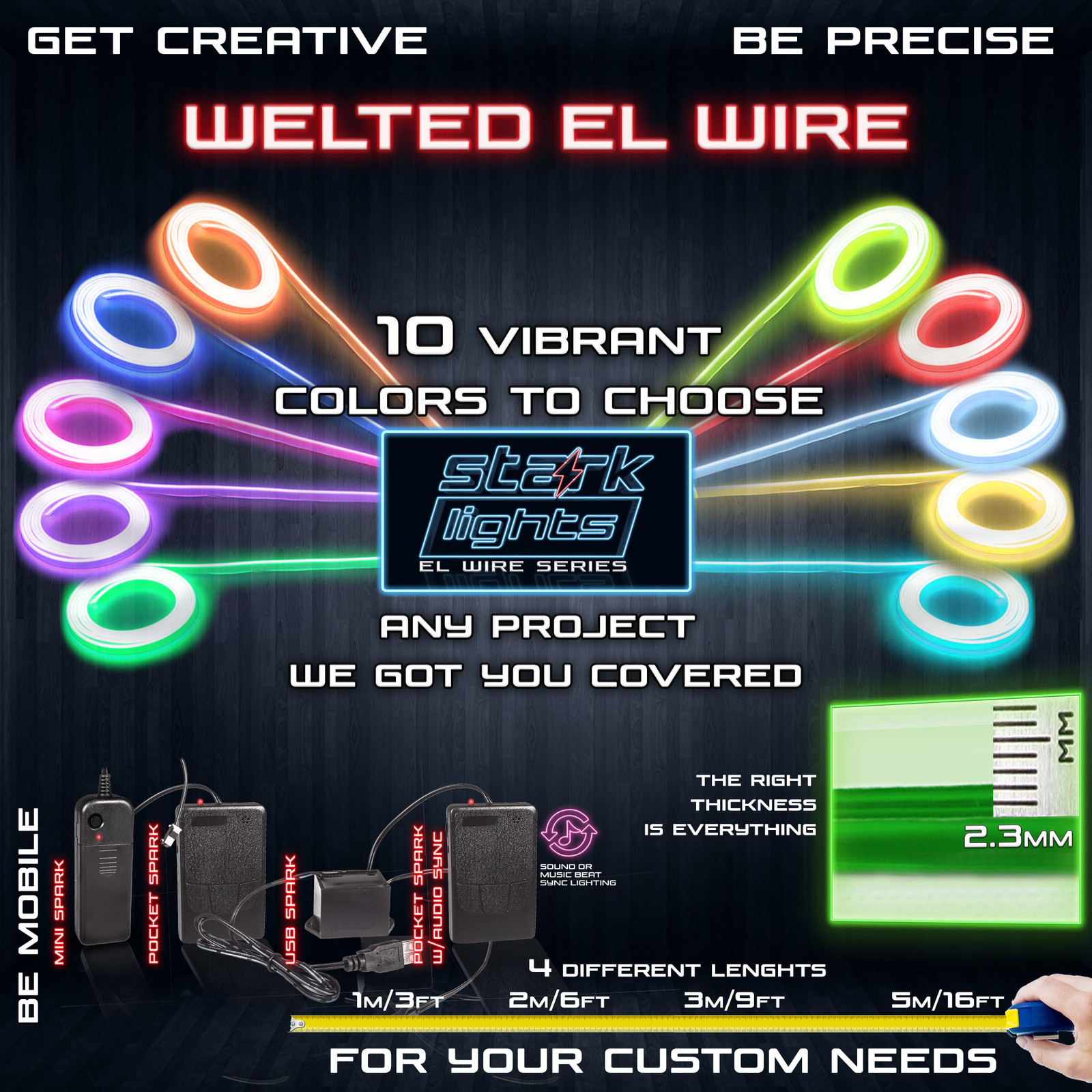 Welted Neon LED Light Glow EL Wire + Control String Strip Rope Tube 2.3mm Thick