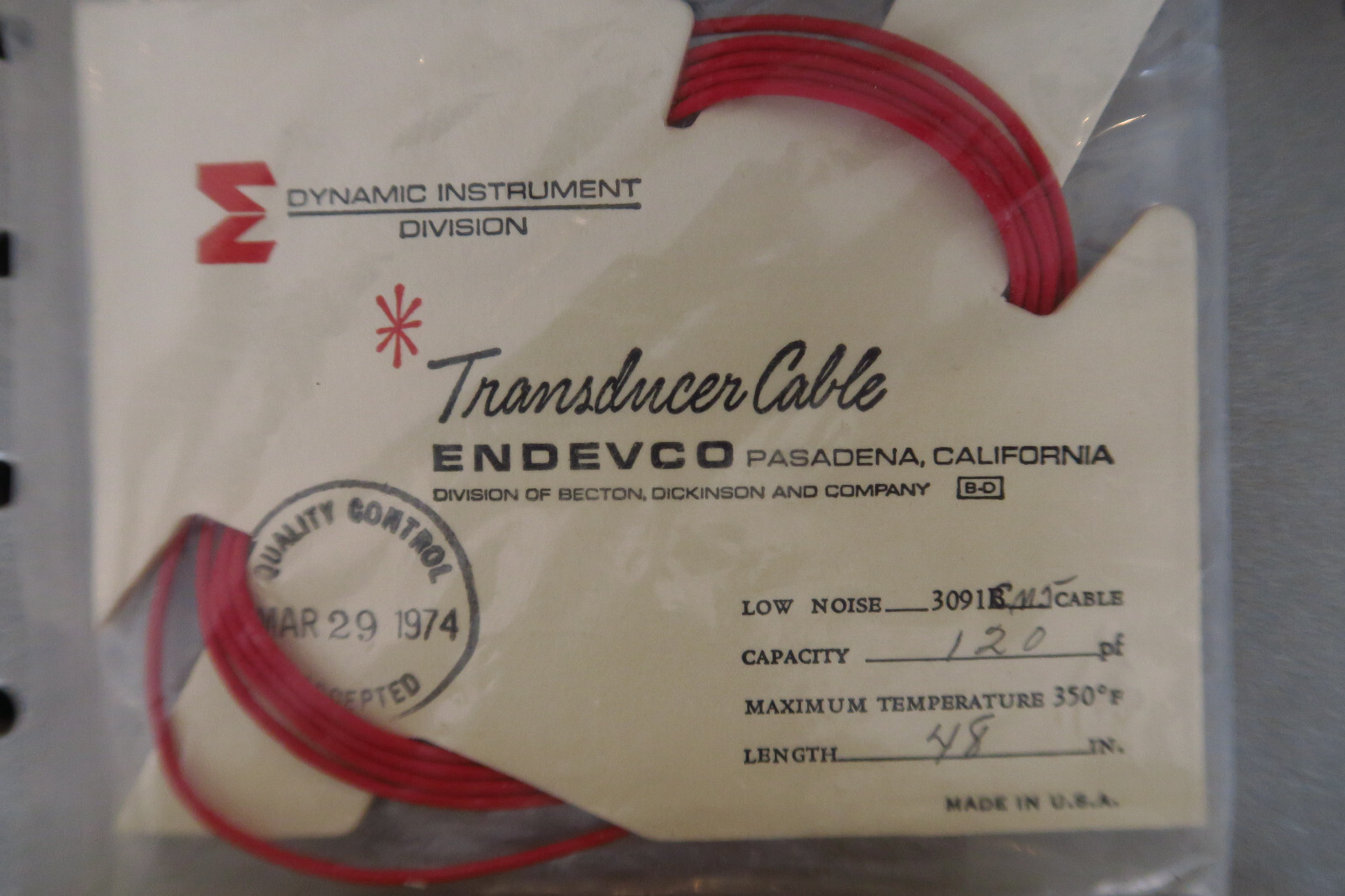 Endevco 3091C 48 Inch Low Noise Cable Assembly Wire 4ft 350F