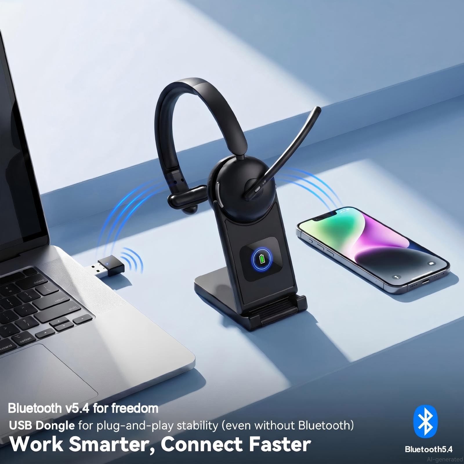 Wireless Headset, Wireless Headset with Mic for Work, AI Noise Cancelling, 65Hrs