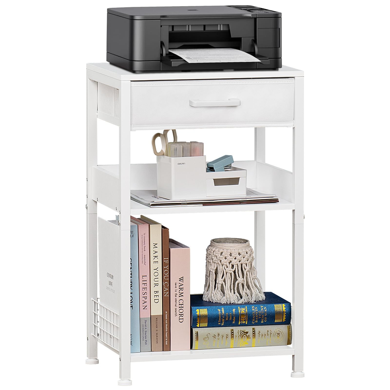 White Printer Stand with Fabric Drawer 3 Tier Side Table Storage Shelf