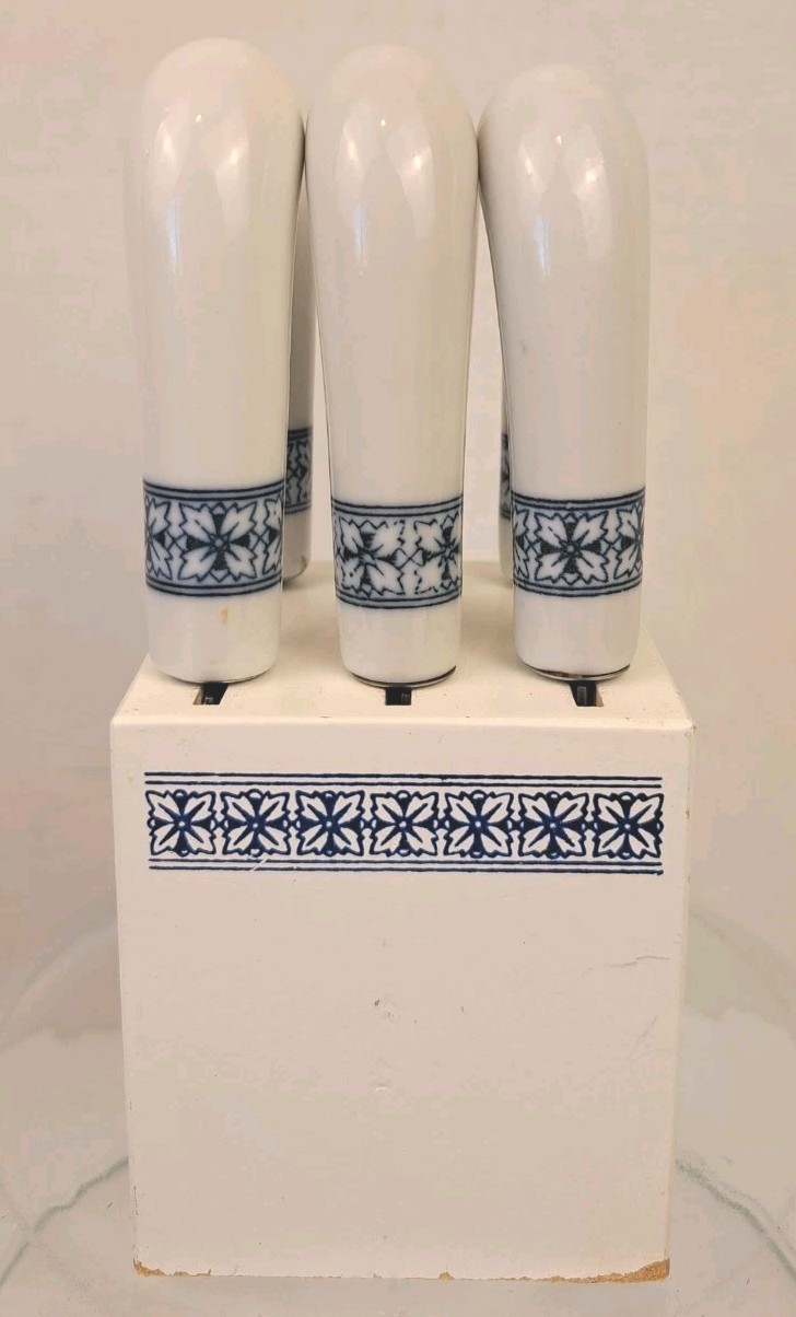 VTG Blue White Butter Cheese Spreader Canape Knife Charcuterie Stainless Ceramic