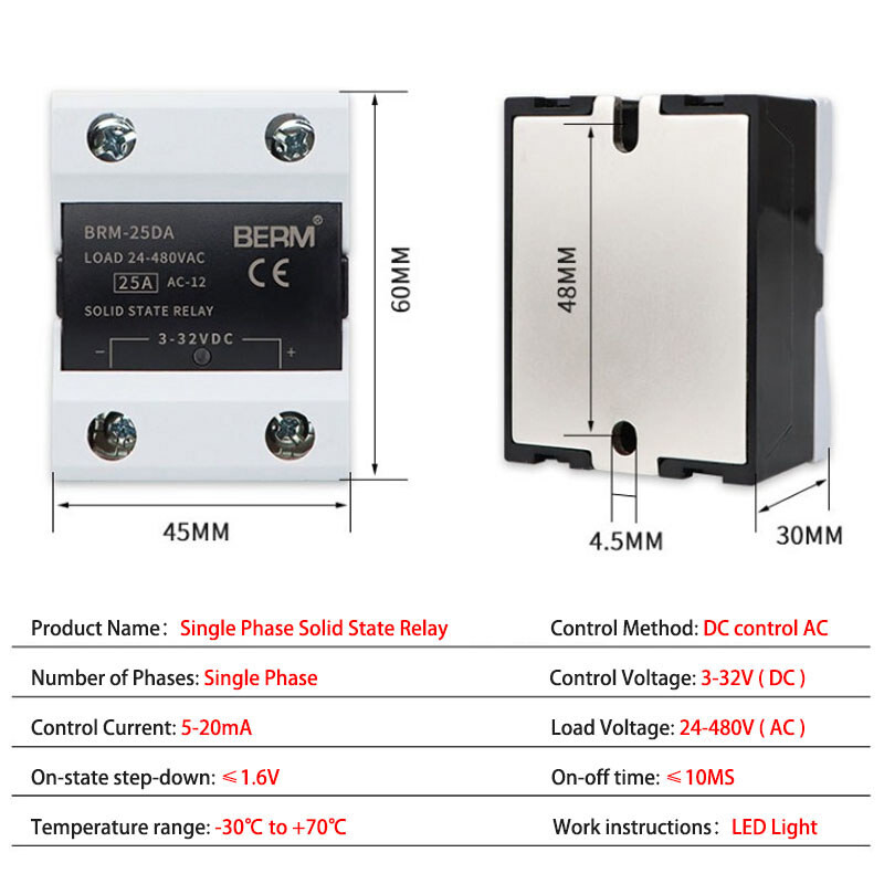 10A - 100A Single Phase BRM Solid State Relays Module DC 3V-32V to AC 24V-480V
