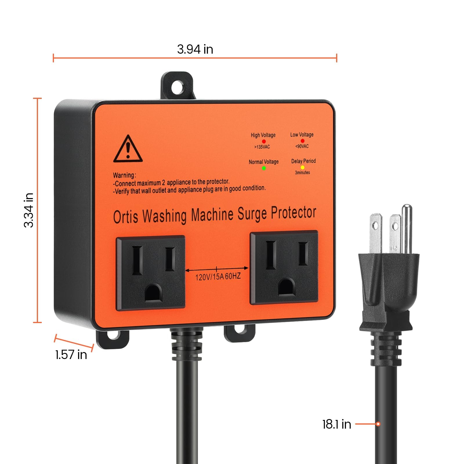 Washing Machine Surge Protector, Ortis Double Outlet Voltage Protector Orange