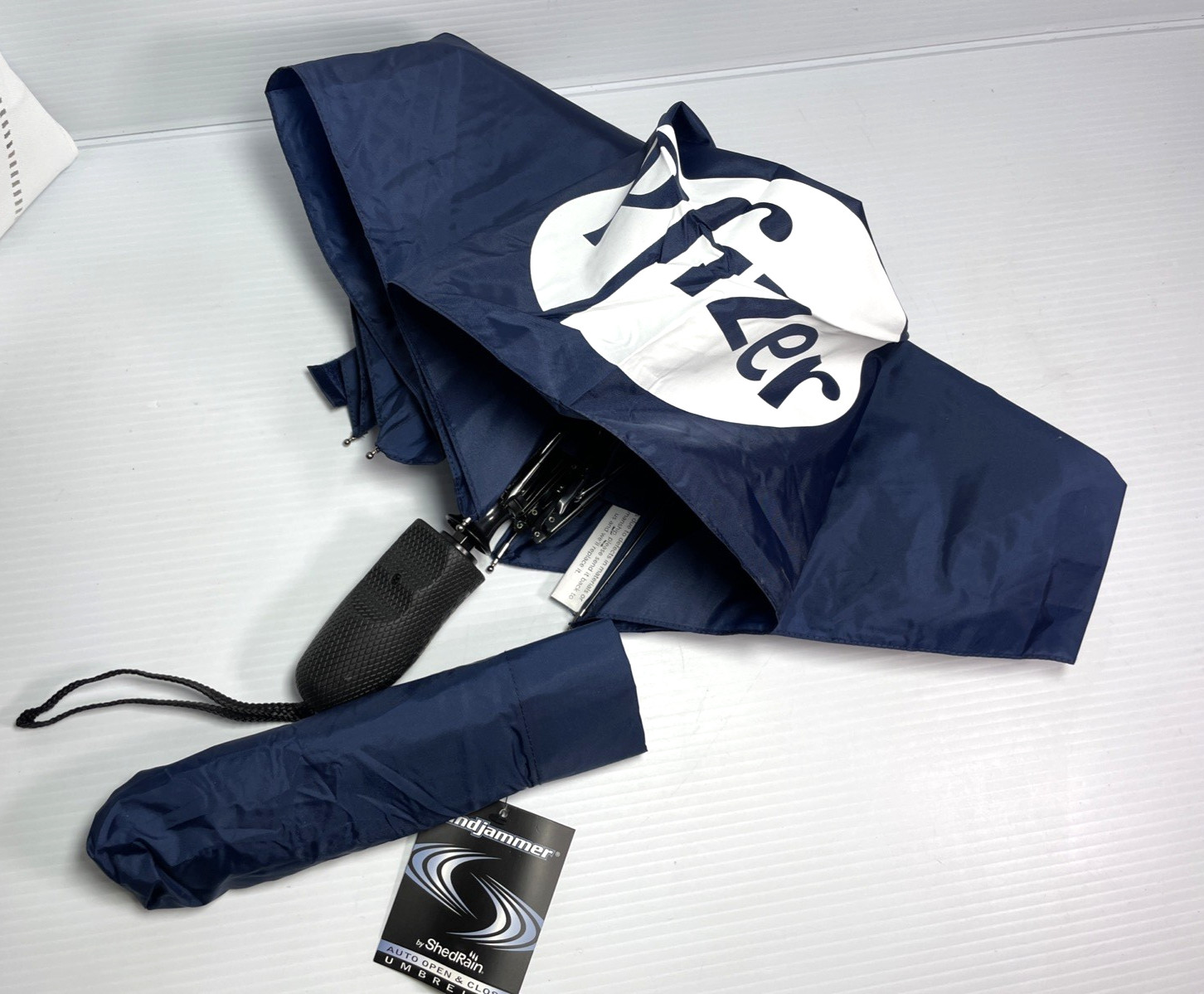 ShedRain Auto Open/Close Heavy Duty Umbrella BLUE with Pfizer Logo 43 in