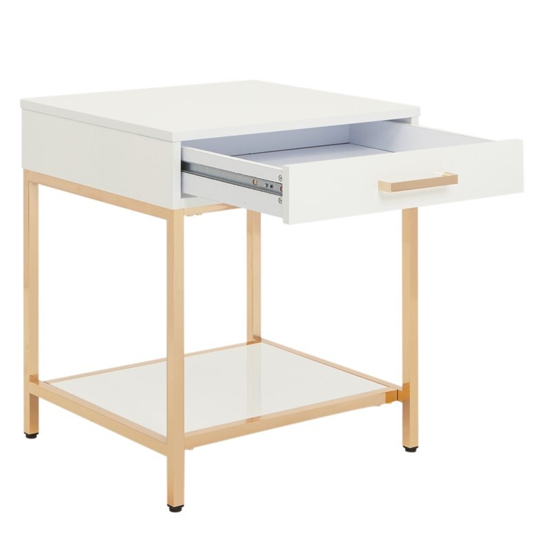 Alios End Table with White Gloss Finish Gold Plated Base Engineered Wood
