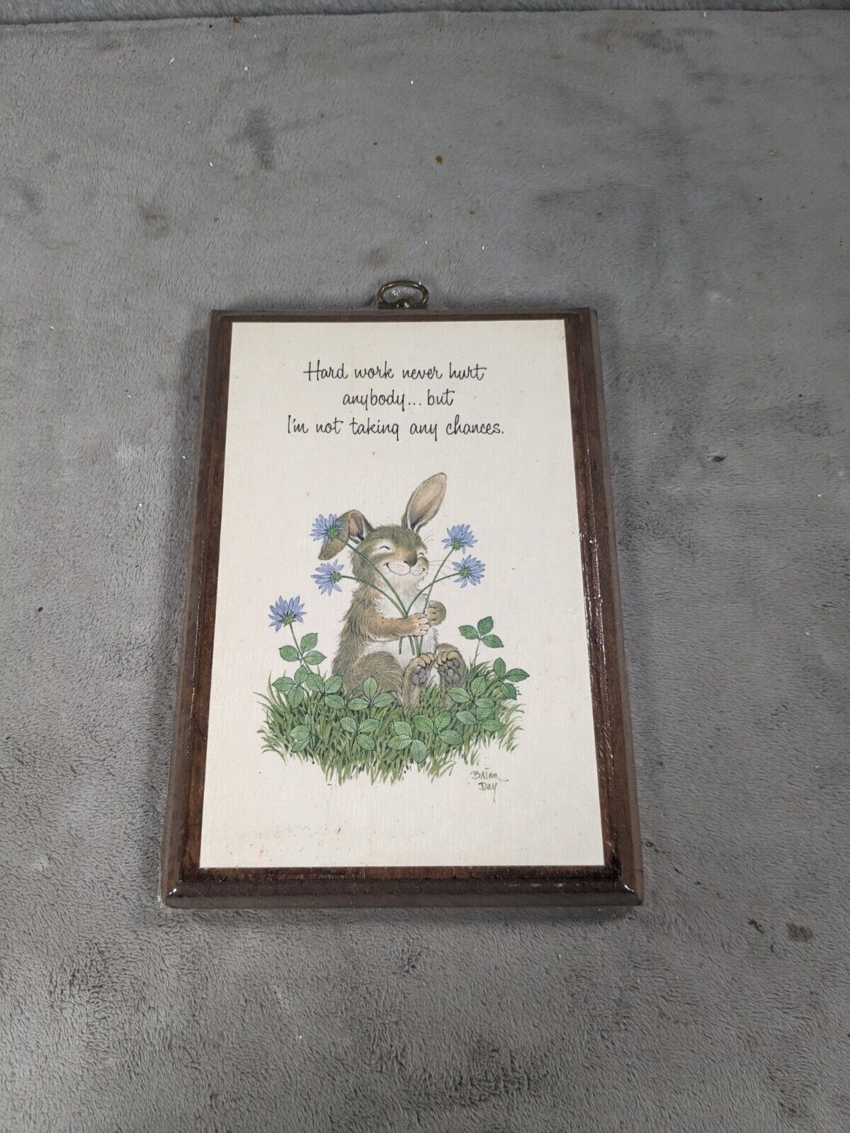 Vintage Cute Bunny With Flowers Wooden Wall Hanging Plaque 8" x 5"