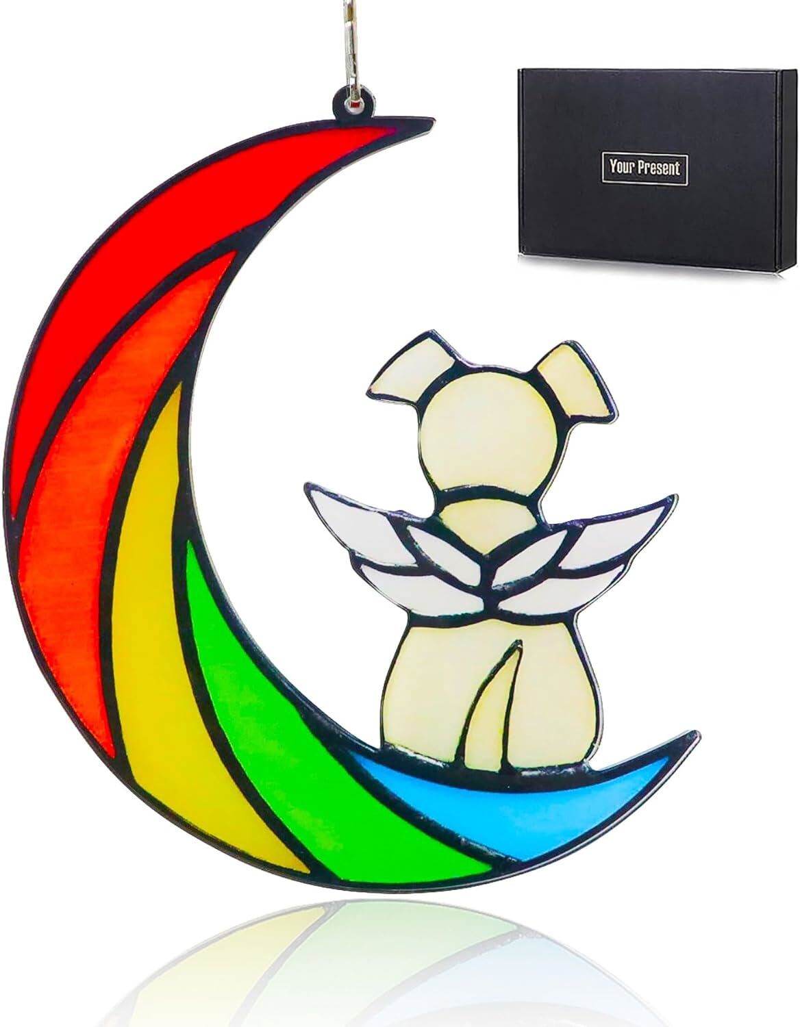 Dog on Moon Dog Memorial Gifts Dog Stained Glass Window Hanging Dog Keepsake (A)