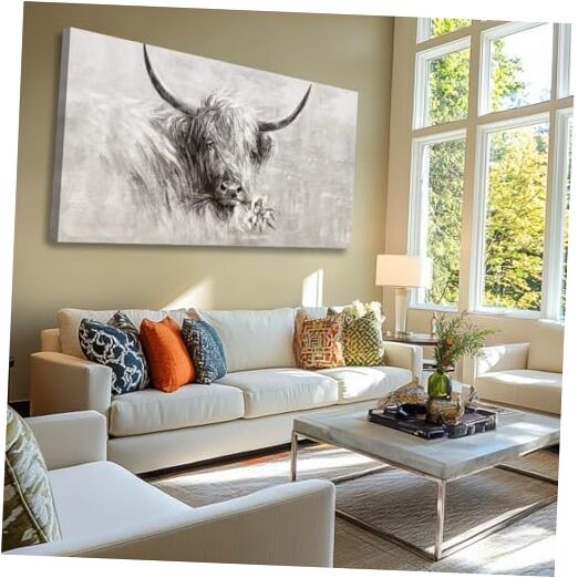 Farmhouse Decor Wall Cow Painting Wall Art for Living Room 58L" x 29W" Grey