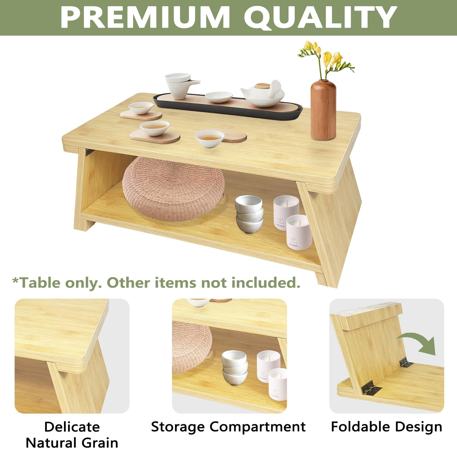 Floor Table, Altar Table Paulownia Folding Design, Low Meditation Table for S...