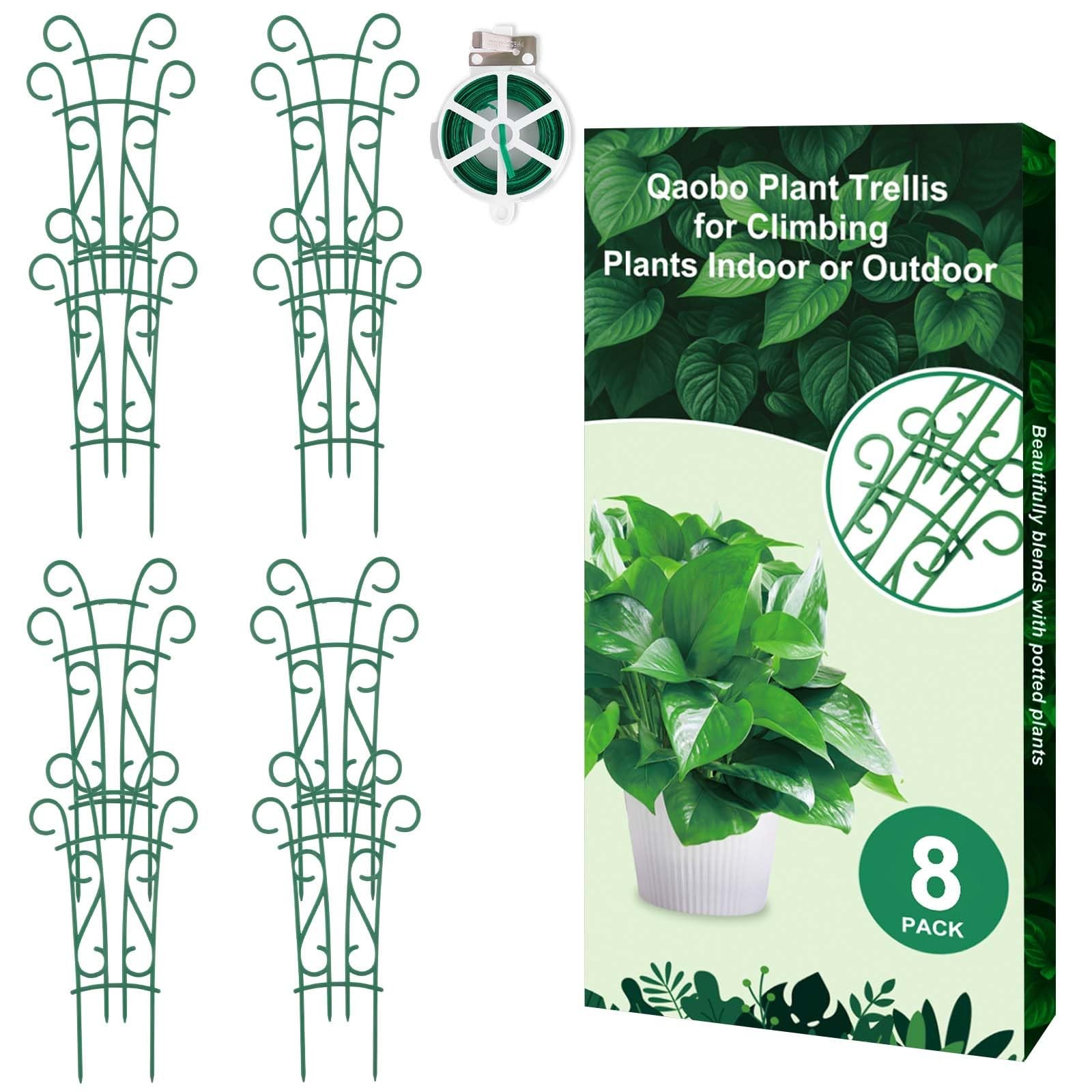 Qaobo Indoor Plant Trellis for Climbing Plants, 8 Pack Garden 8 Pack, Green