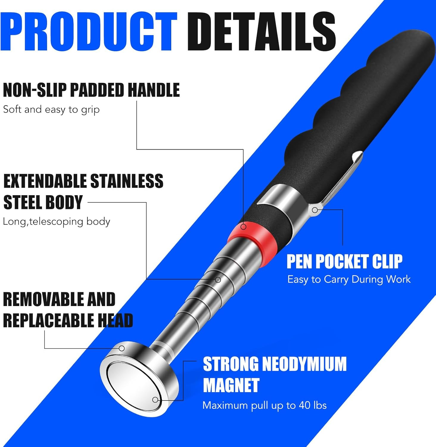 2PCS Telescoping Magnetic Pickup Tool 40lb Pull Force 30in Telescopic