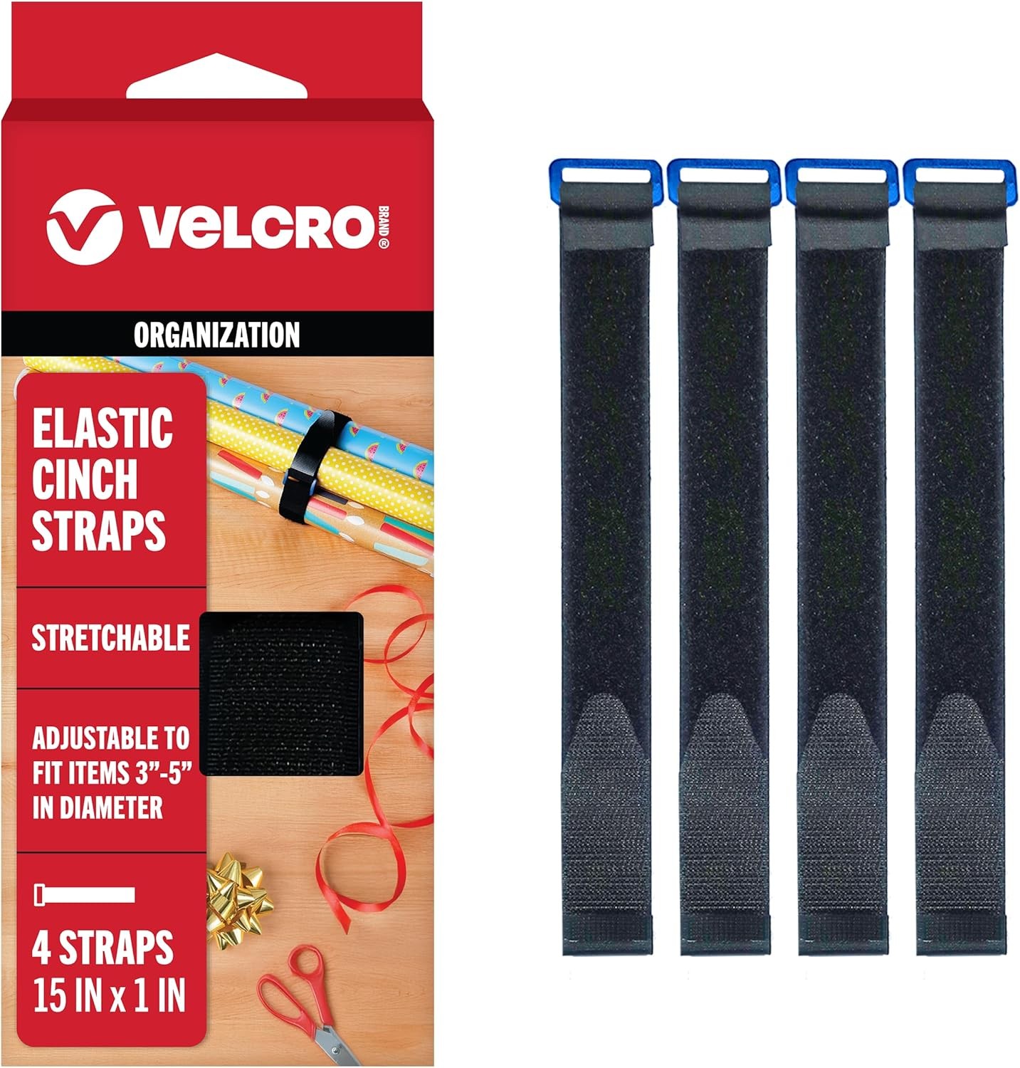 VELCRO Brand 4Pack 15" Elastic Straps Adjustable with Buckle Black