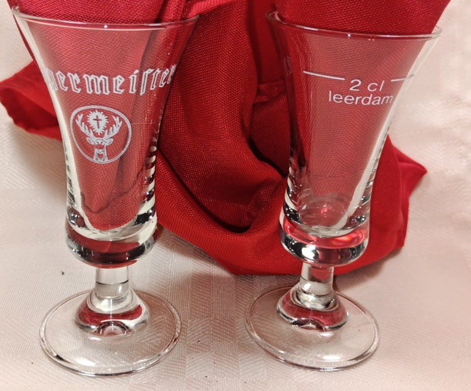 Set of 2 JAGERMEISTER Stemmed Footed 2cl SHOT GLASS / CORDIAL / JIGGERS w/LOGO