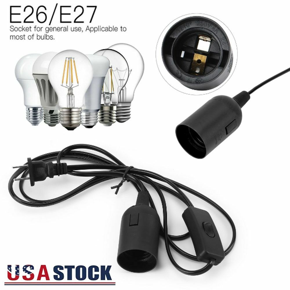E26 E27 Light Bulb Socket to Wall Outlet Plug Adapter On/Off Switch 6FT Cord USA