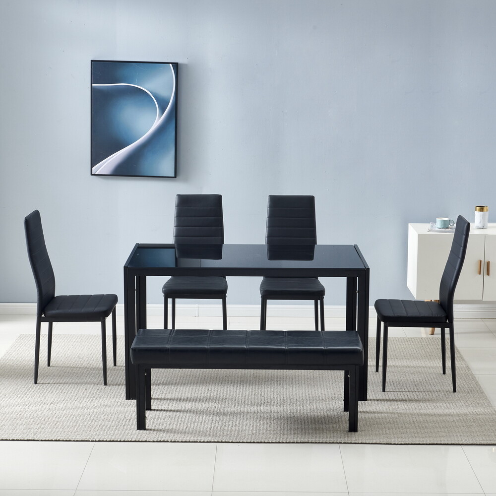 4pcs Dining Chairs - PU Leather, Black High Back, Cross-Stitch & Round Tube Legs