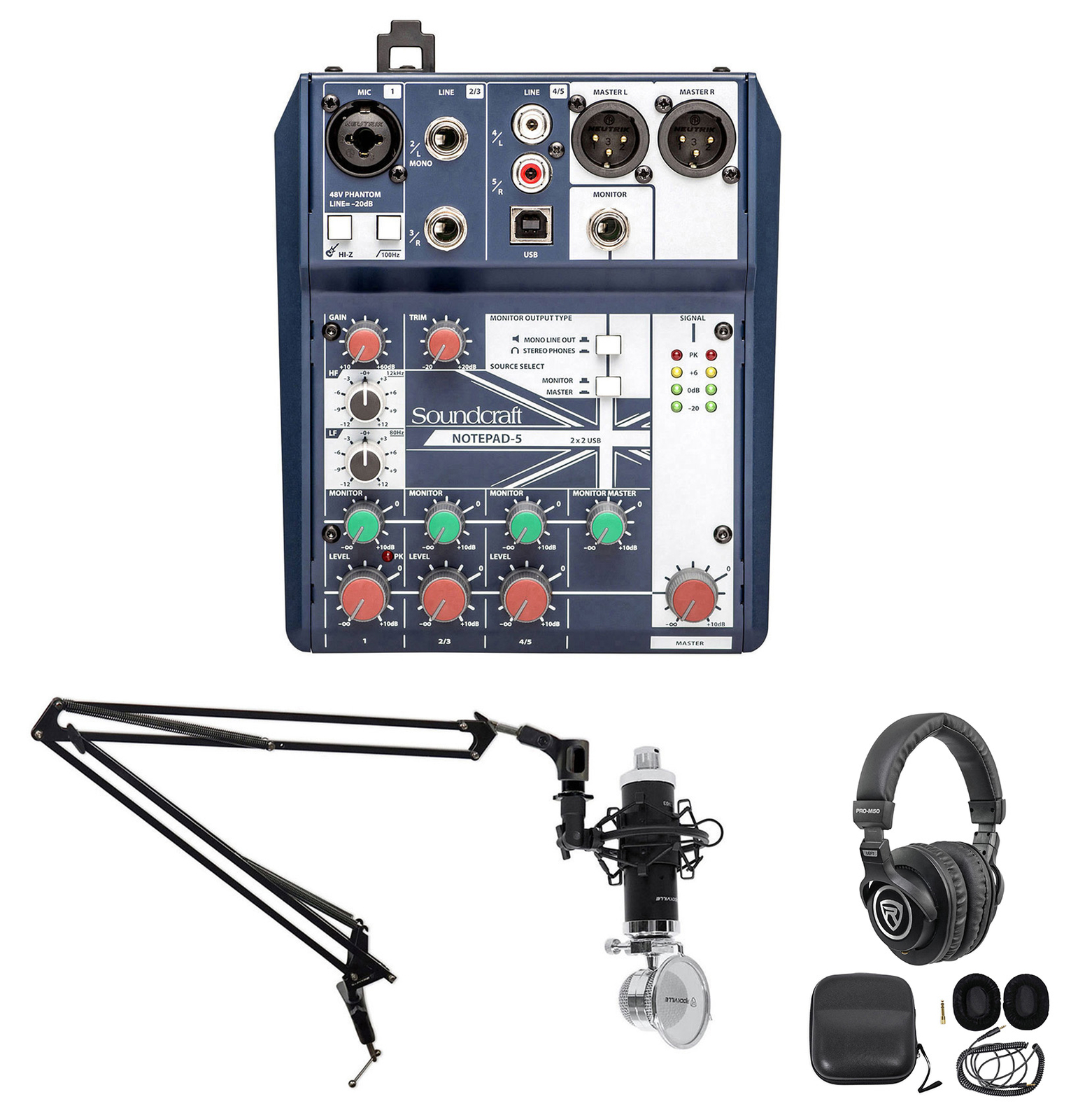 Podcasting Podcast Recording Bundle w/Soundcraft Mixer+Headphones+Mic+Boom Arm