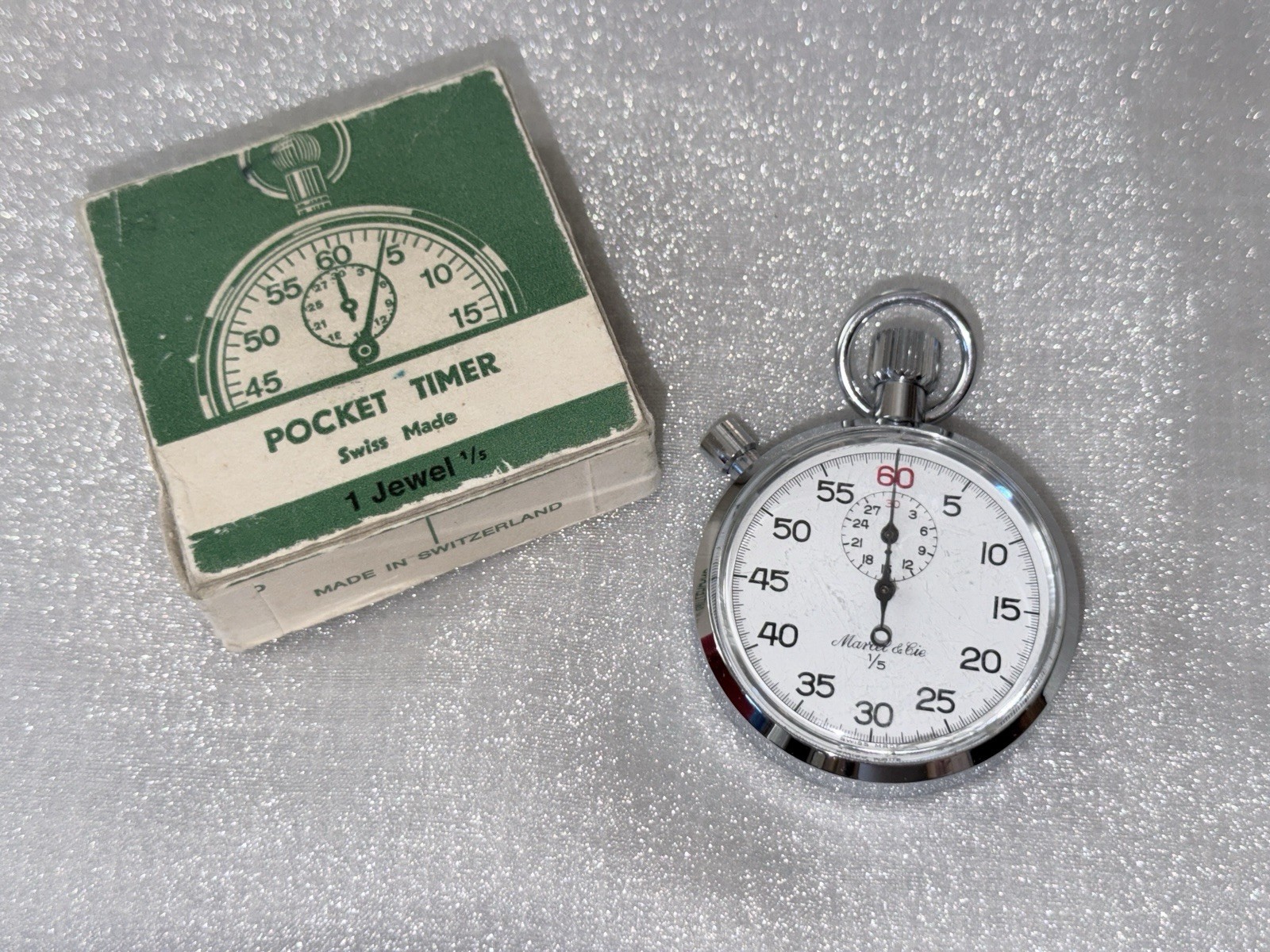 VINTAGE MARCEL & CIE POCKET 1/5 TIMER SWISS PRECISION STOP WATCH w/ BOX