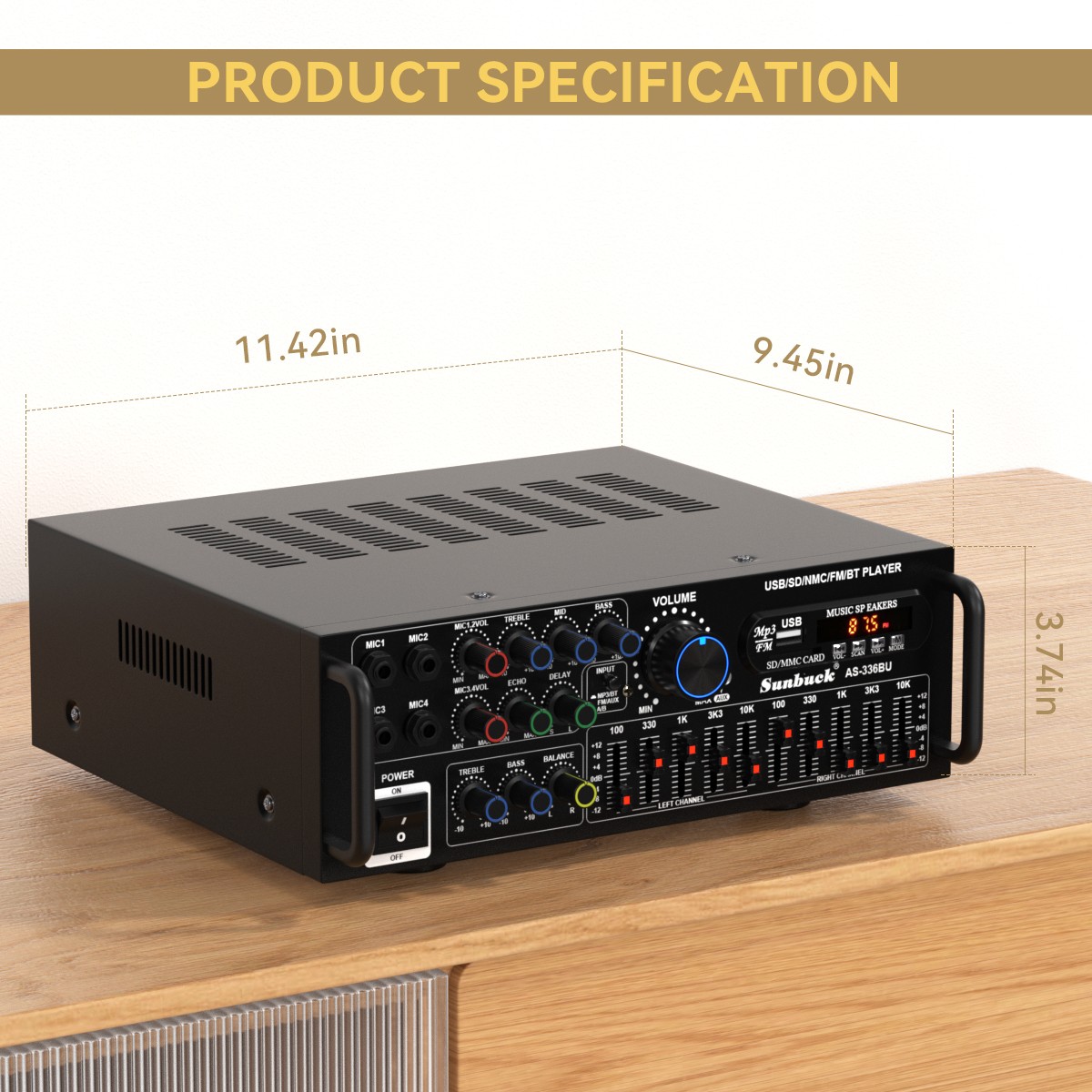 SUNBUCK 400W RMS 2000W Peak Stereo Amp BT 5.0 USB/SD FM Mic Inputs Home Car