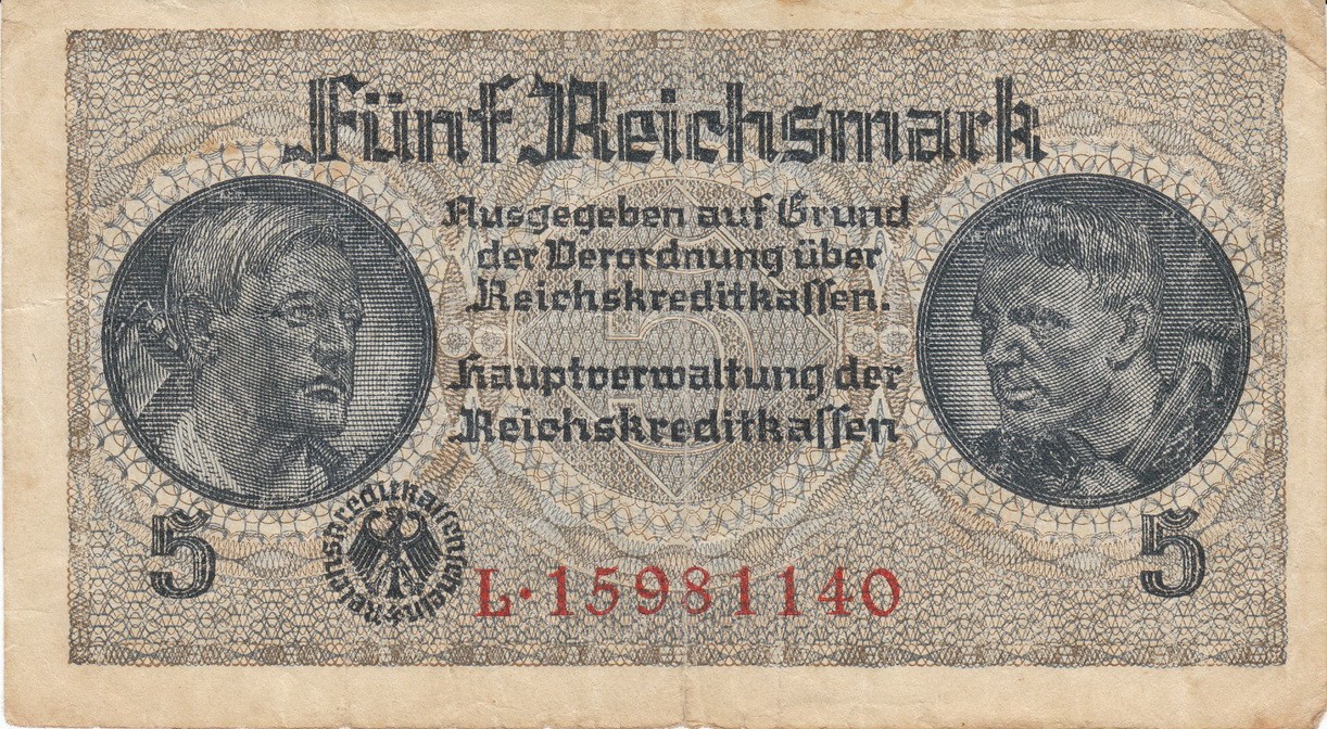 Currency Germany 1944 WW2 Fascism War Era 5 Reichsmark Fine Poor