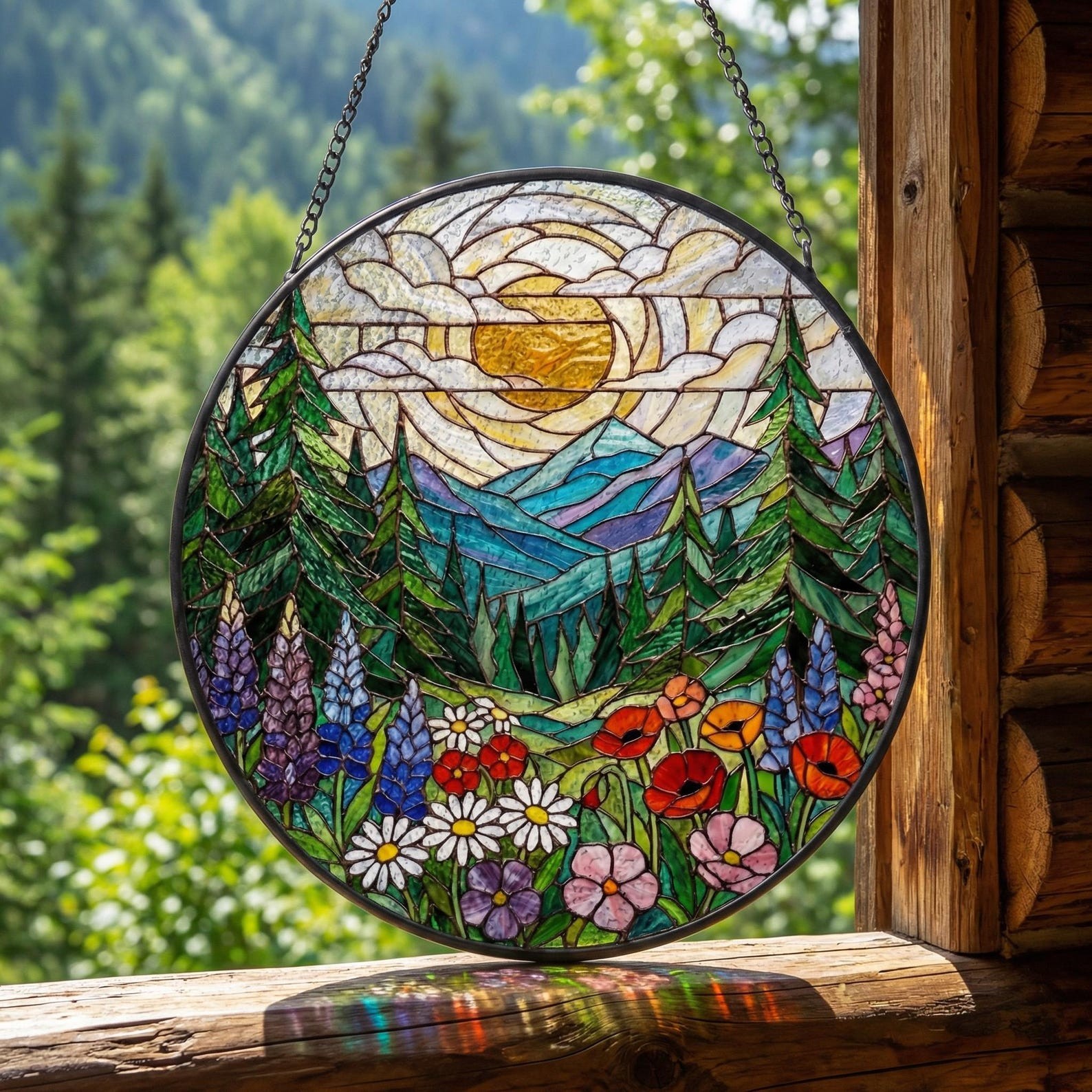 Forest Mountain Stained Glass Suncatcher – Nature Window Hanging