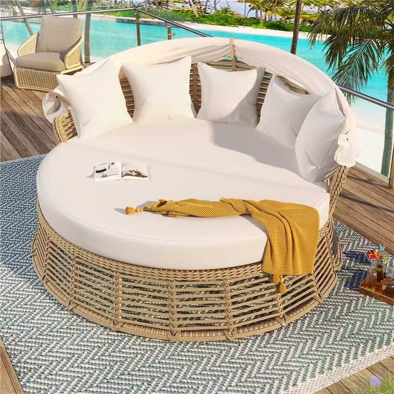 Outdoor Rattan Round Daybed with Retractable Canopy Wicker Patio Sofa Beige