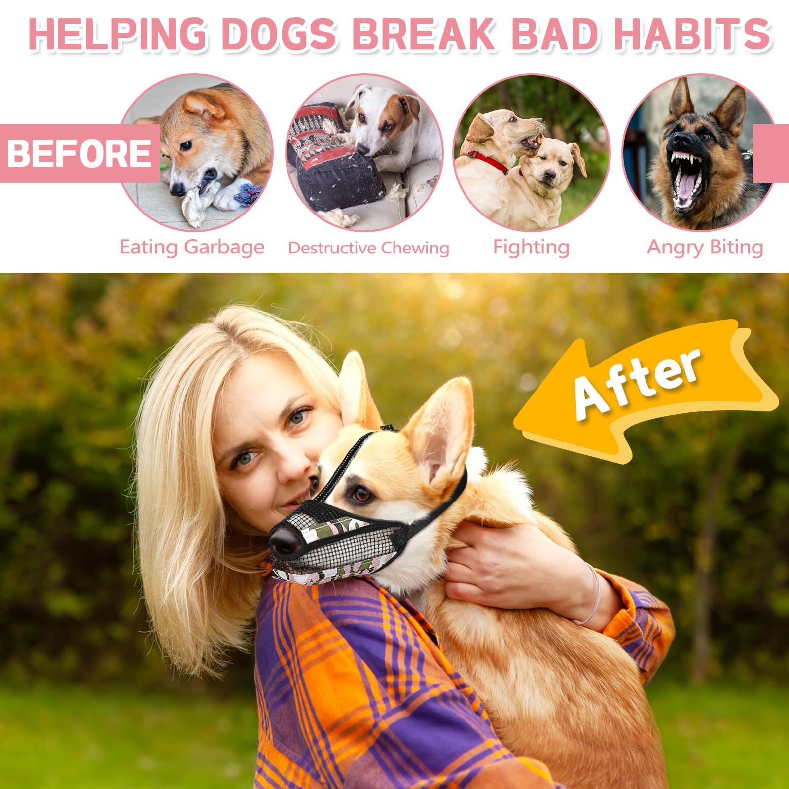 Soft Mesh Dog Muzzle with Reflective Adjustable Strap, Lightweight Muzzle for...