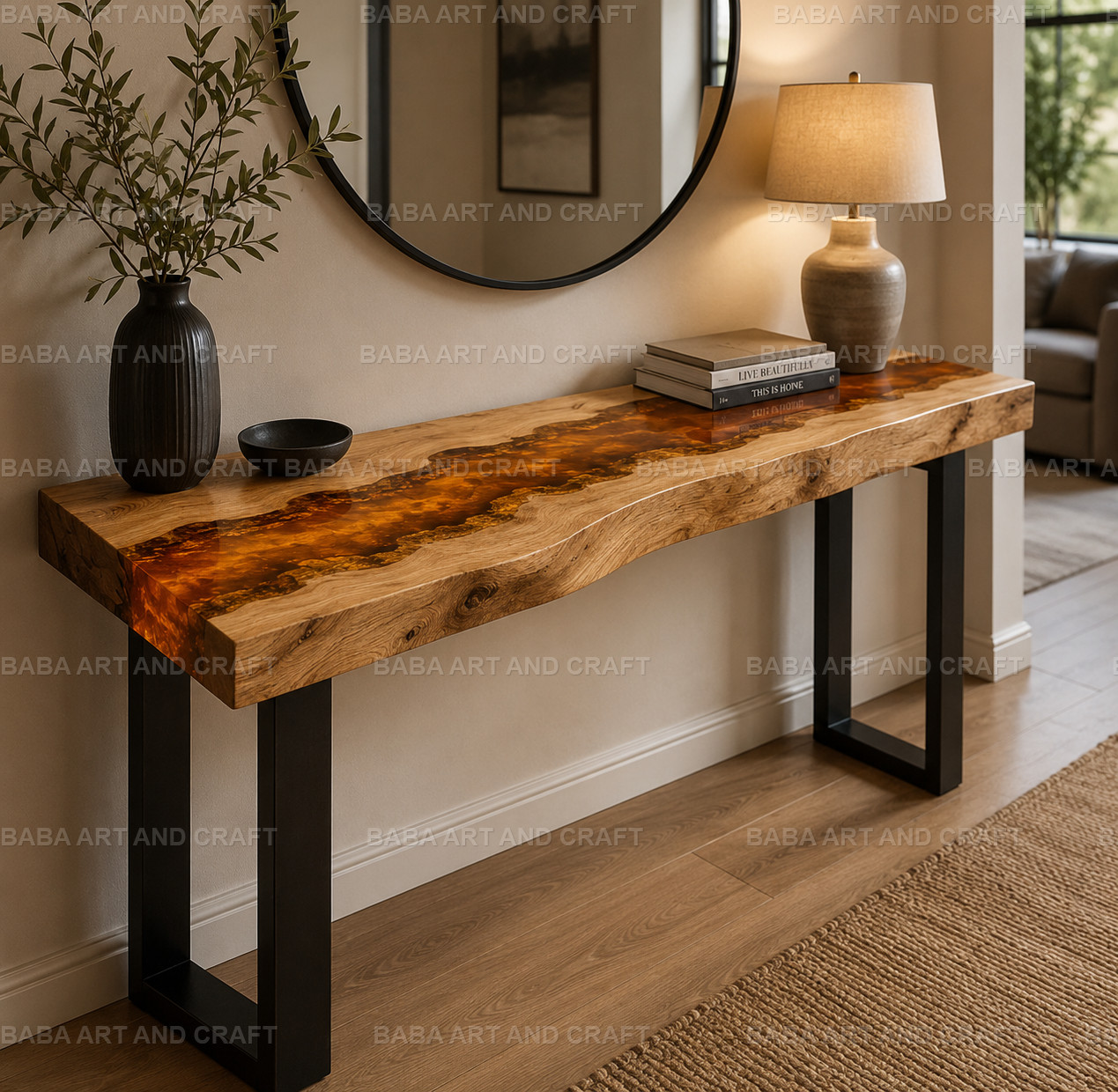Handmade Live Edge Olive Wood Amber Epoxy Resin Console Table Top Live Edge Wood