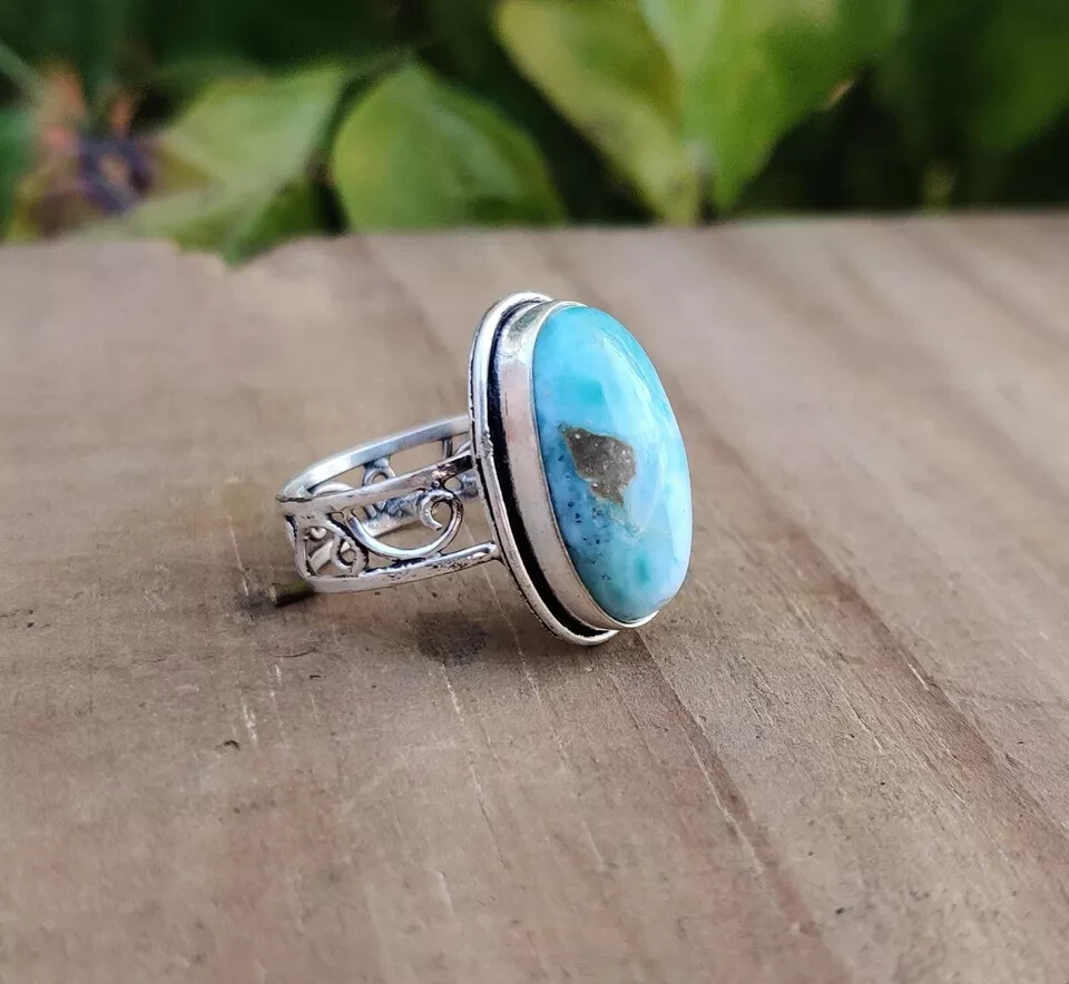 Larimar Gemstone Ring Solid 925 Sterling Silver Gift For Her Valentines Gift MK*