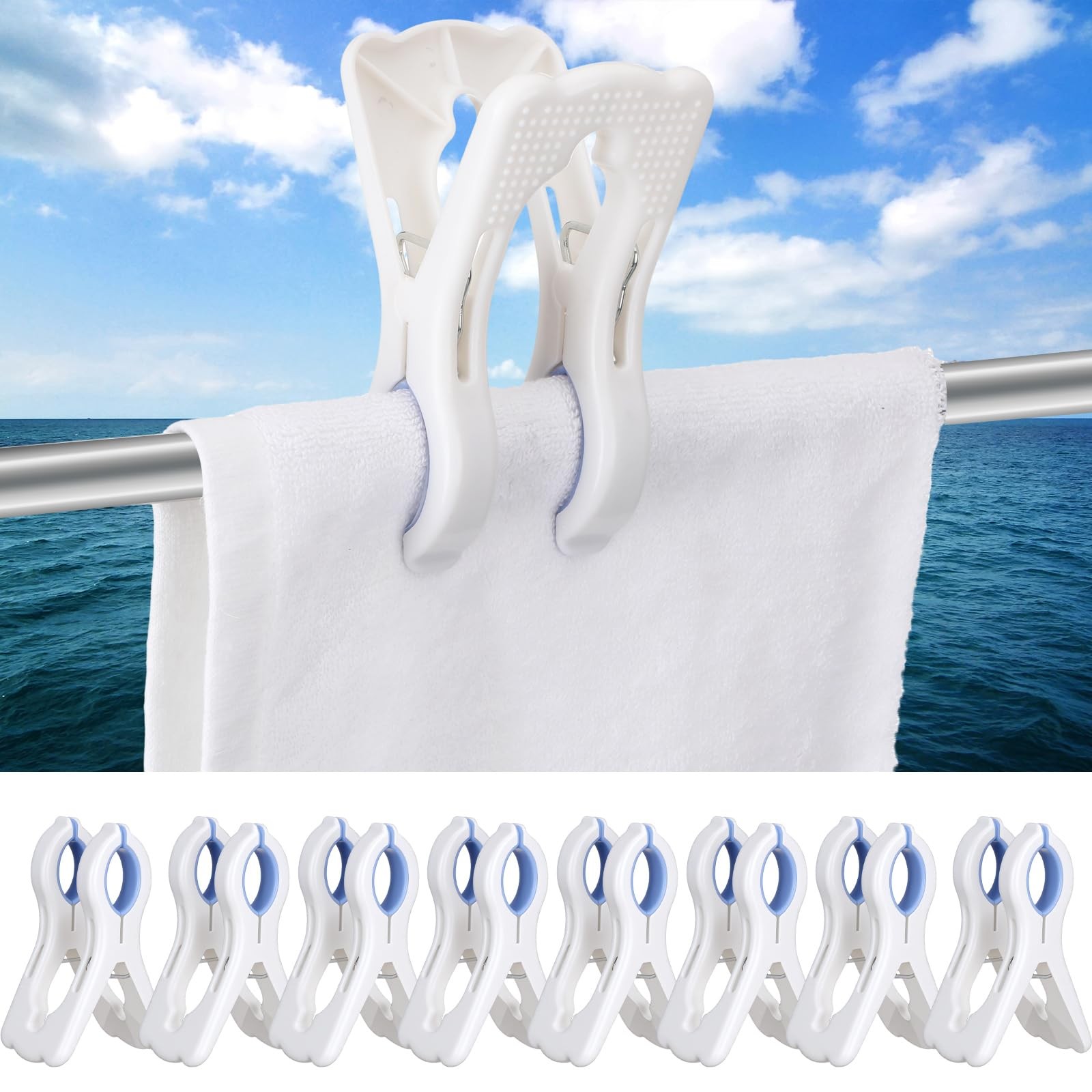 Hushee 8 Pack Marine Boat Rail Towel Clips Storm Proof Large Blue White