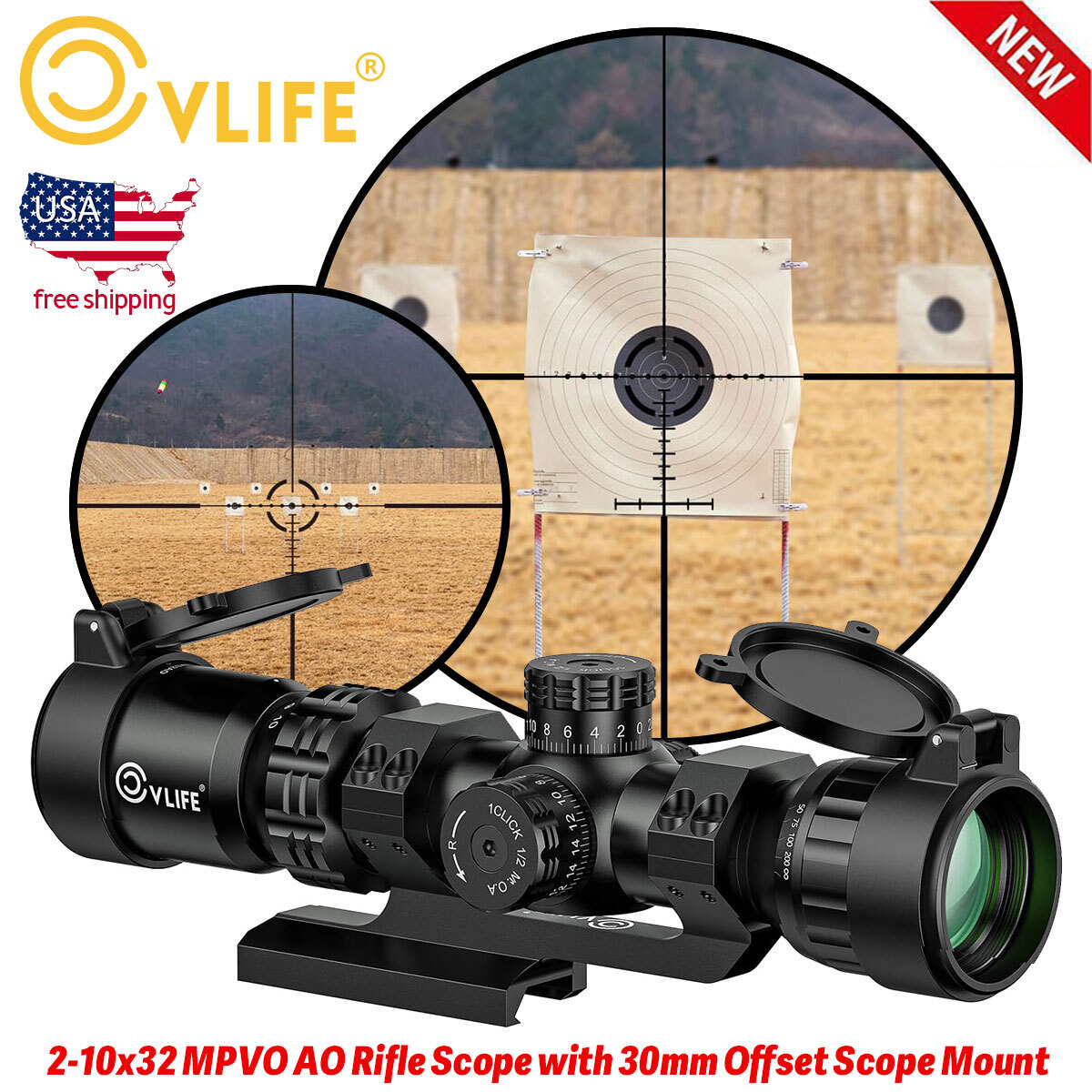 2-10x32 AO Rifle Scope Illumination BDC Reticle SFP Optics Hunting Scope + Mount