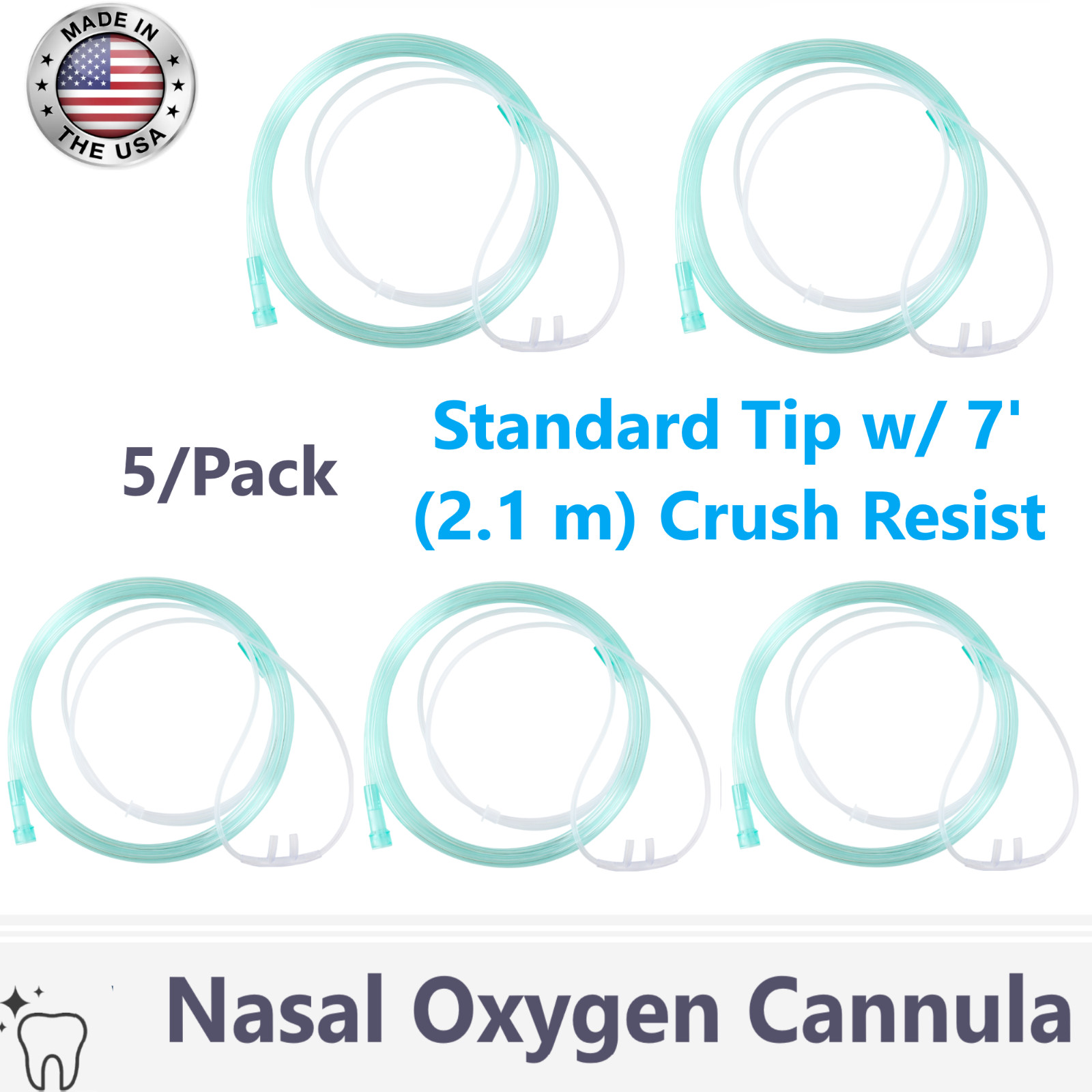 BOX OF 5 (FIVE) 7FT Adult Flexible Tip Soft Nasal Oxygen Cannulas Clear Standart