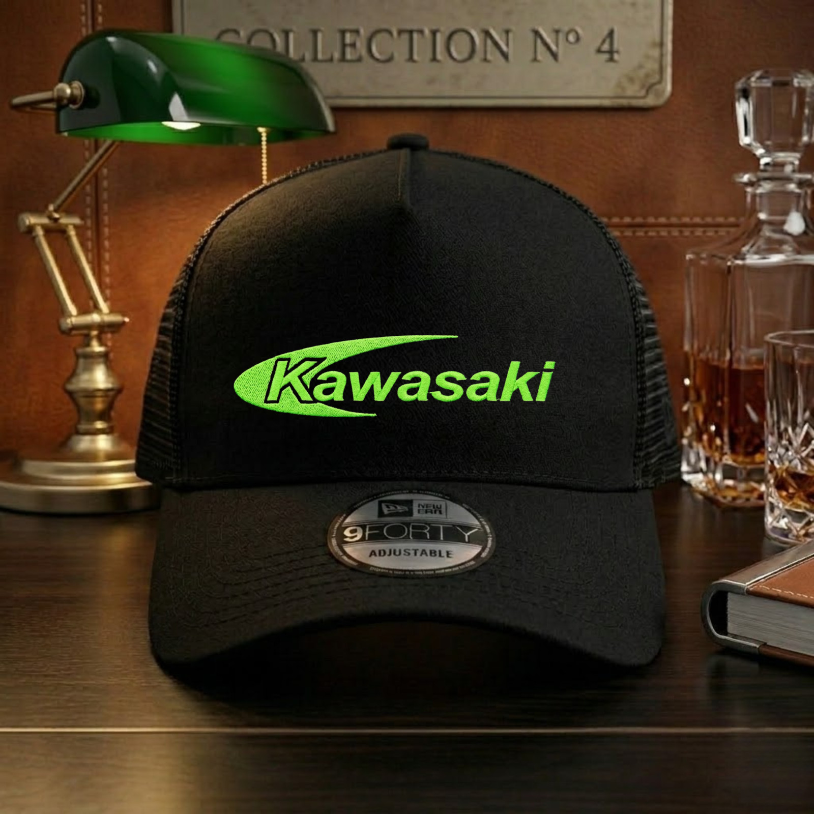 Kawasaki Racing Embroidered Logo Black Trucker Hat Mesh Back Adjustable Cap