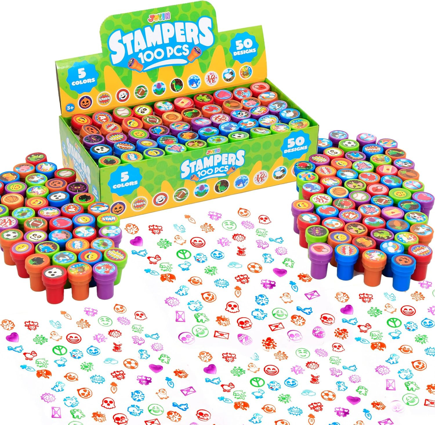 JOYIN 100 Pcs Assorted Stamps for Kids Self-Ink Stamps (50 Different Designs, Di