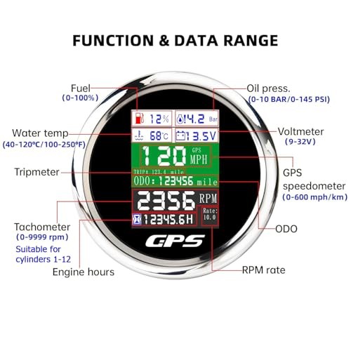 6-in-1 GPS Speedometer 3-3/8" 85mm Multi-Functional Adjustable Black