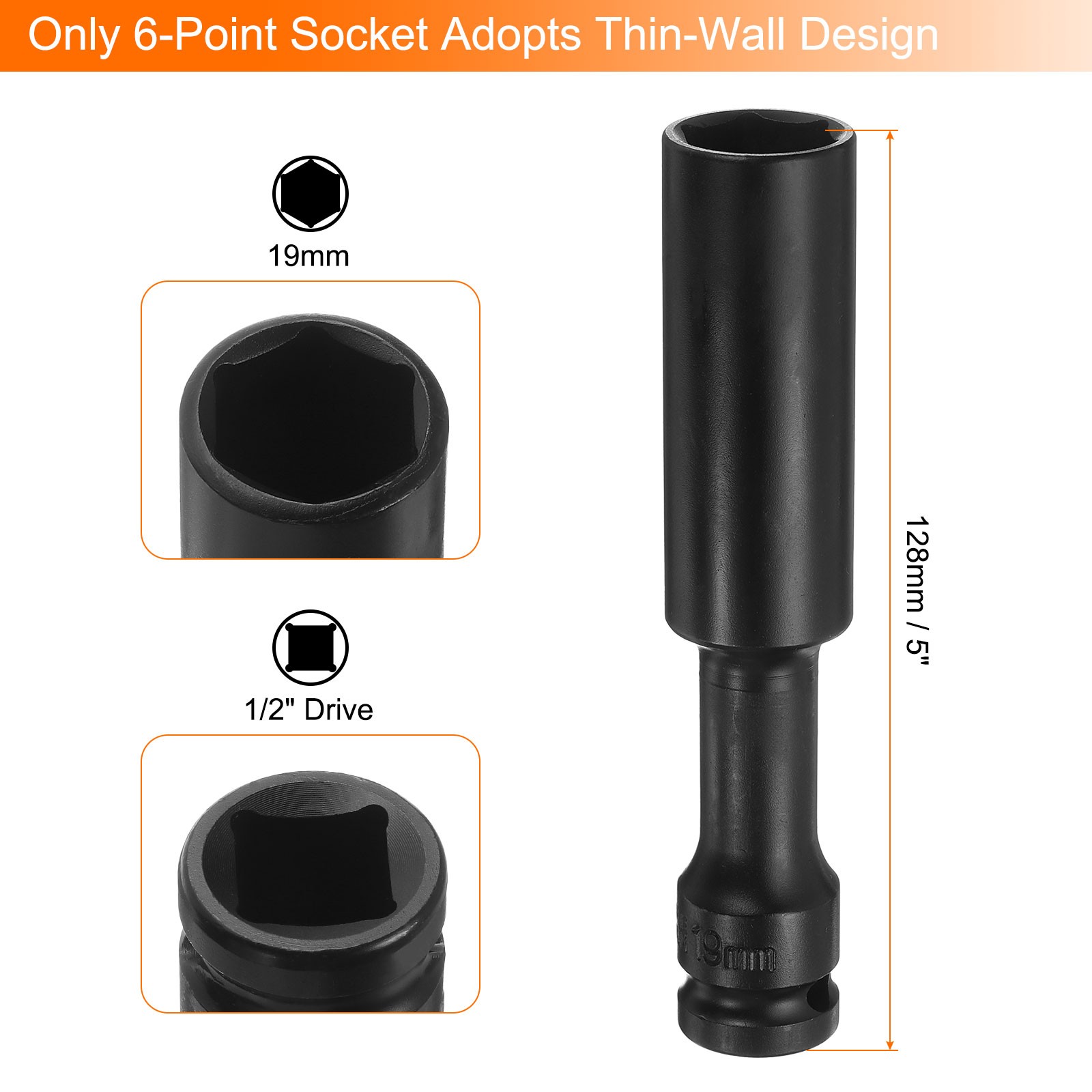 Thin Wall 6 Point Impact Socket 19mm Socket 1/2" Drive 5" Extra Long CR-V Steel