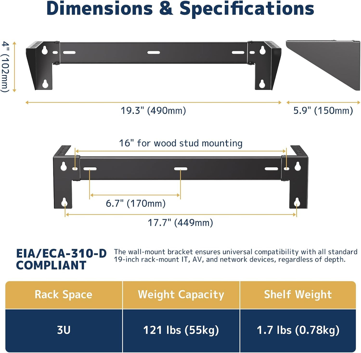3U Vertical Wall Mount Rack 19 Inch Steel Bracket Server Network Switch 121LBS
