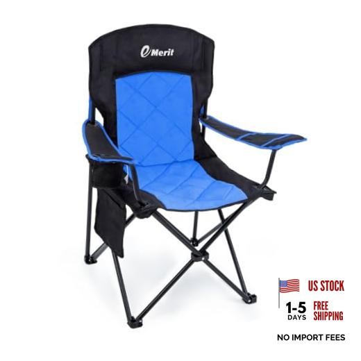 Camping Chair, 350LB Heavy Duty Quad Fold Chair with Arms, Collapsible Blue