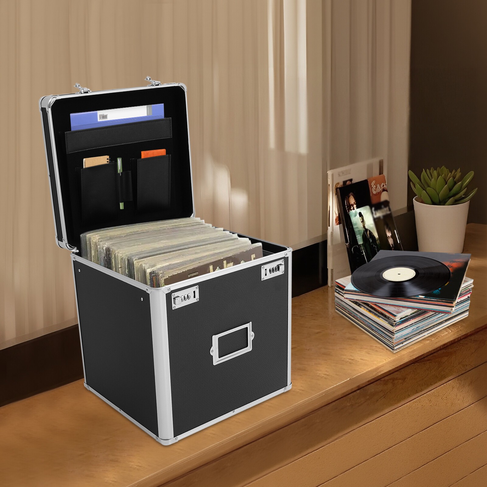 Vinyl Record Storage Box with Combination Lock - Holds 50 Albums