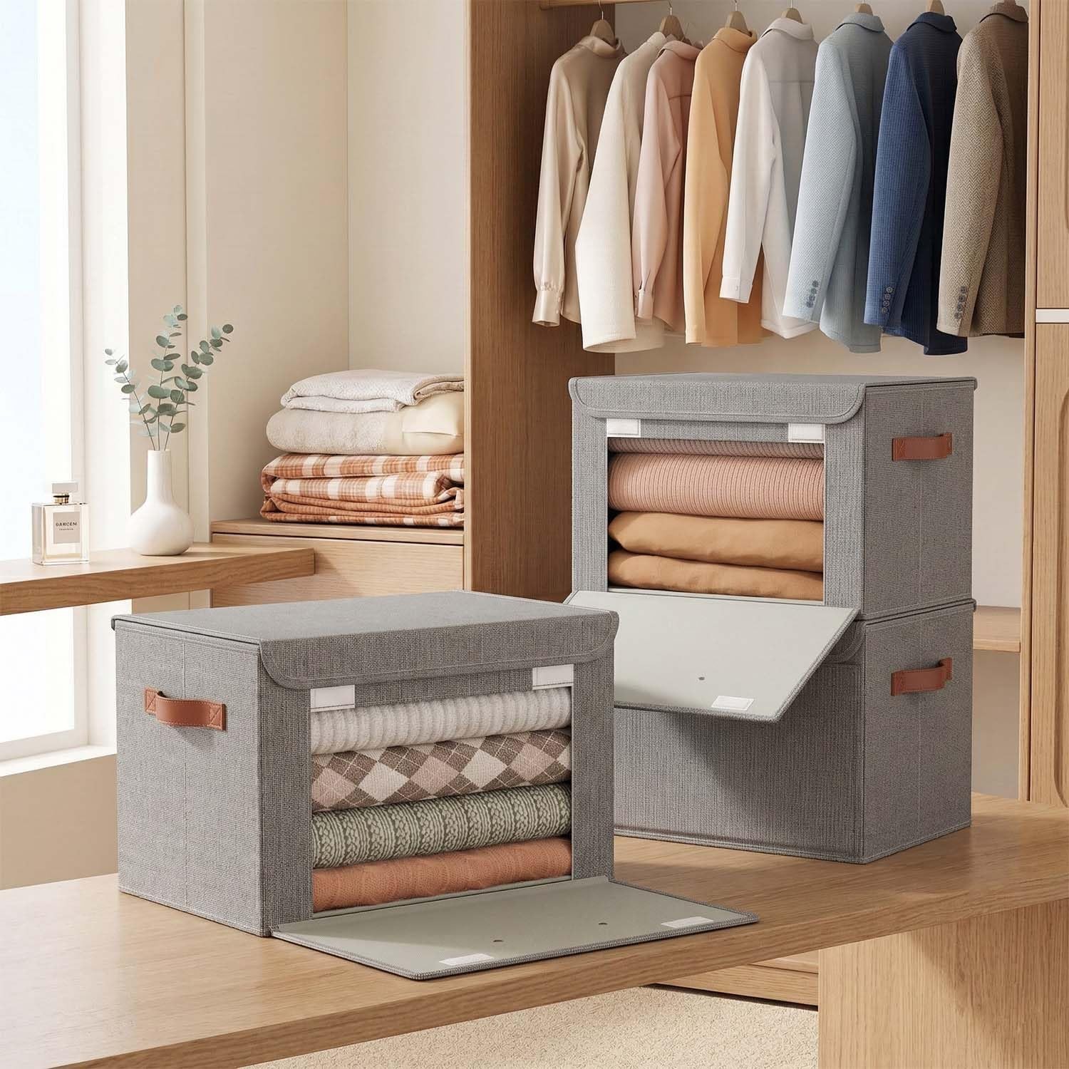 4 Pack Storage Bins with Lids, Large Closet Storage Bins with Handles, Stacka...
