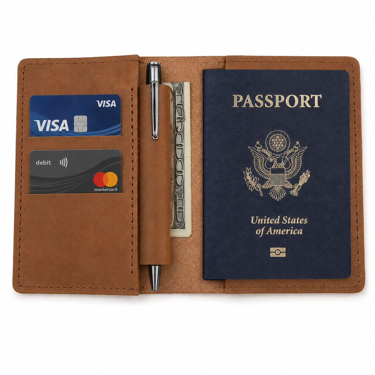 Leather Passport Holder Wallet Travel Organizer Money Cards Pen Holder Business