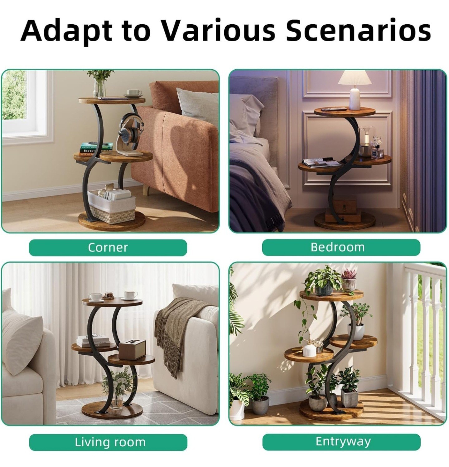 4-Tier S-Shaped Round Side Table - Rustic Brown End Coffee Accent Sofa Table