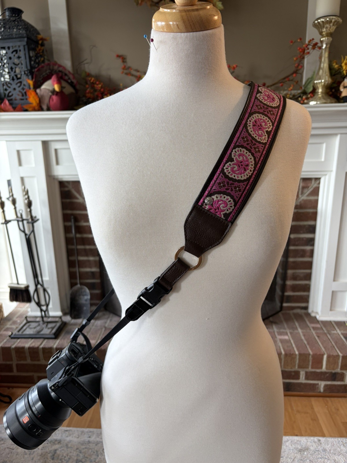 The "Desert Bloom" Camera Strap: Vintage-Inspired Pink Paisley, Vegan Leather