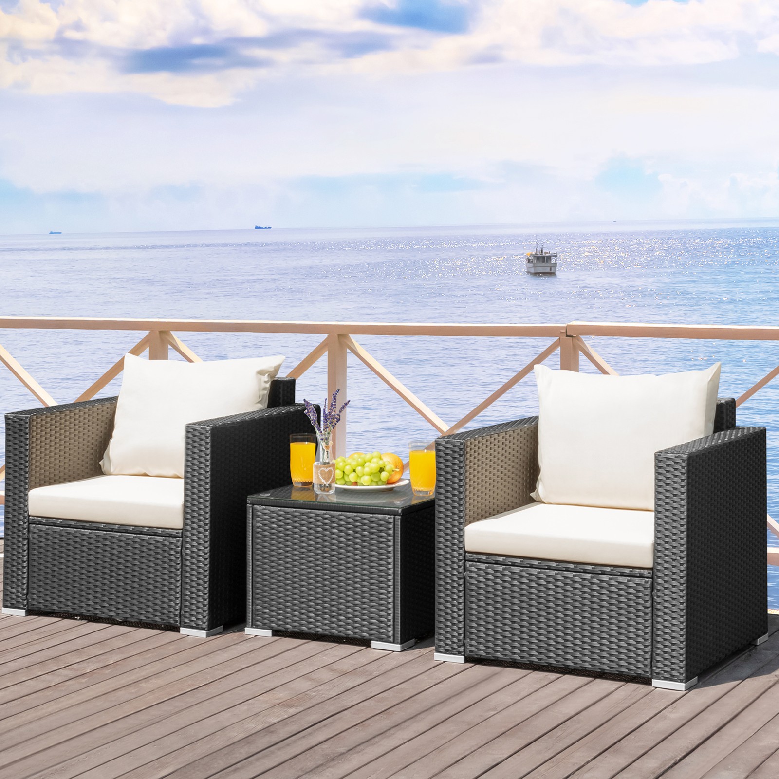 3PCS Rattan Patio Conversation Furniture Set Outdoor Sofa Set w/ Cushions