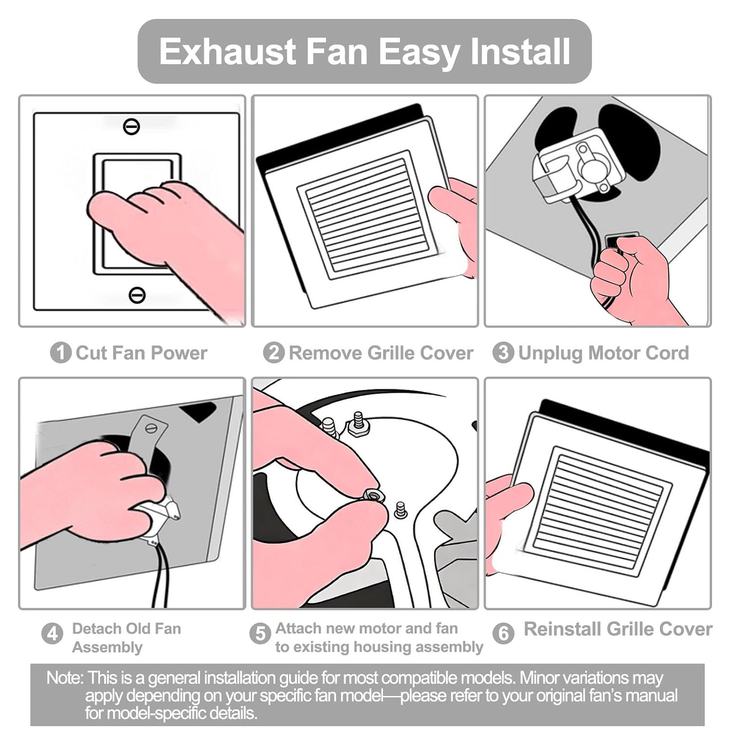Universal Bathroom Exhaust Fan Motor Kit - 120V 50CFM for Nu-Tone & Br-oan, Bath