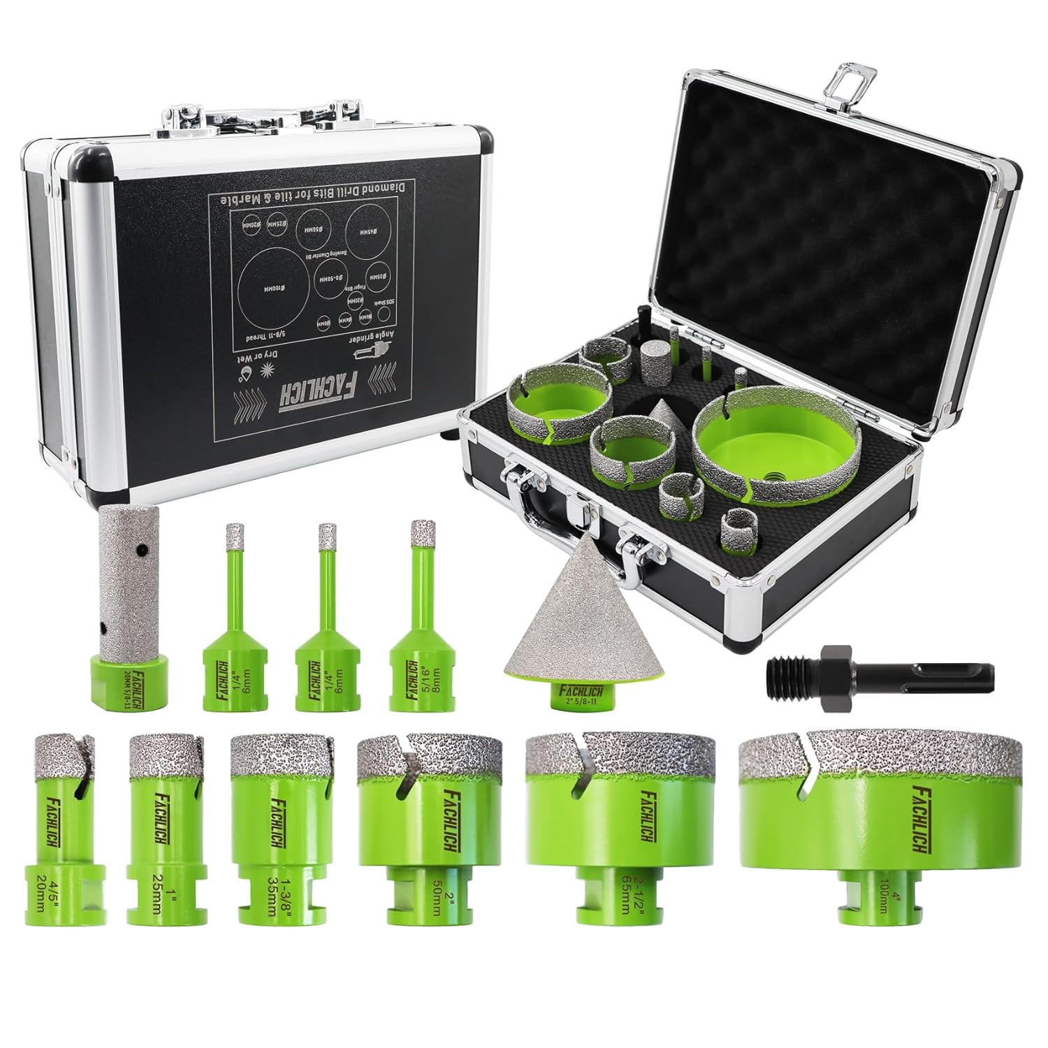 FACHLICH 12-Pc Diamond Tile Hole Saw Kit, 1/4" to 4" with Finger & Beveling Bits