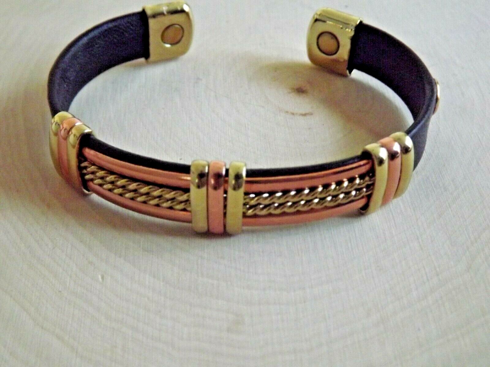 Solid Copper Leather Wrapped Magnetic Bracelet Arthritis Pain Therapy Cuff