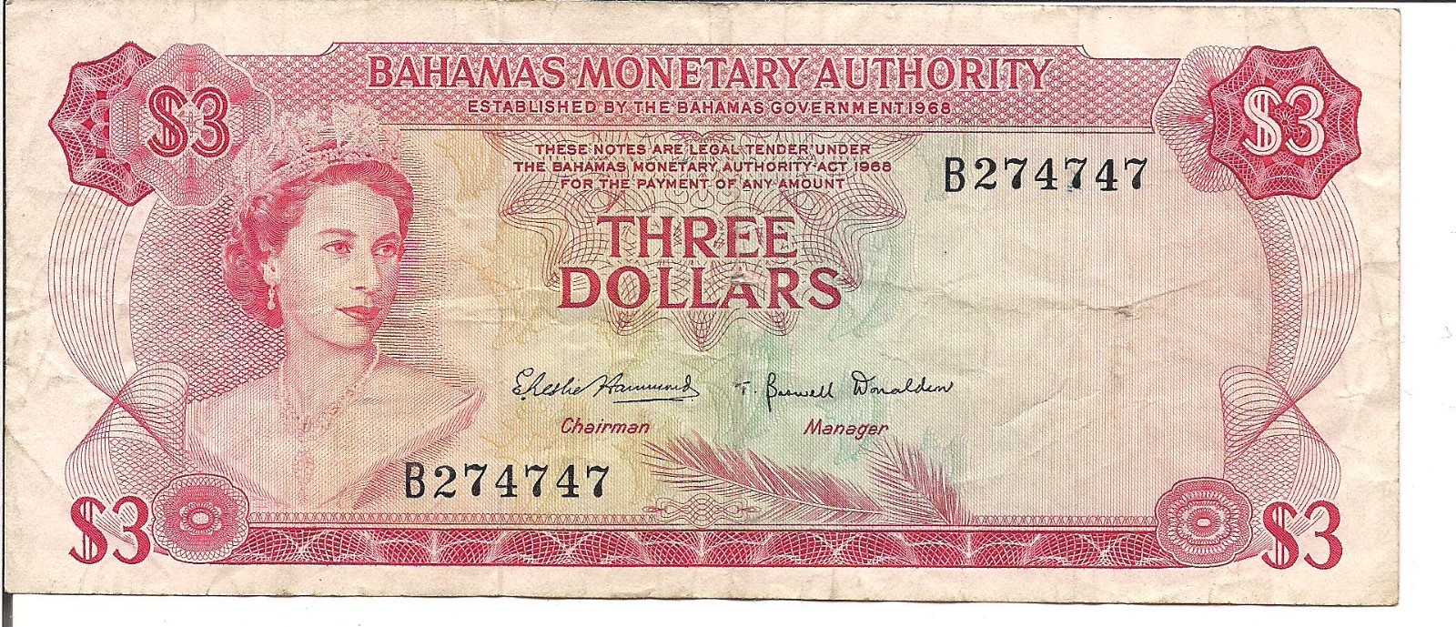 BAHAMAS, $3,QEII, P#28a, , L. 1968