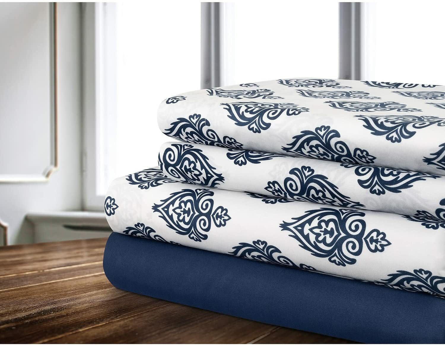 S & Co. New Sheet Set 3PC T Damask Printed Solid Navy Twin Size $99 O44