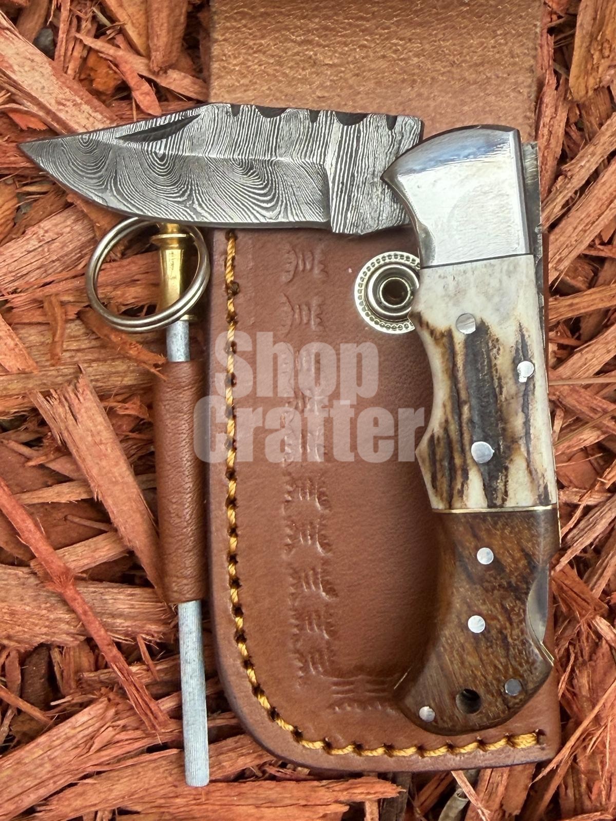 Handmade Damascus Steel Pocket Folding Knife With Stag Horn Handle with Sheath
